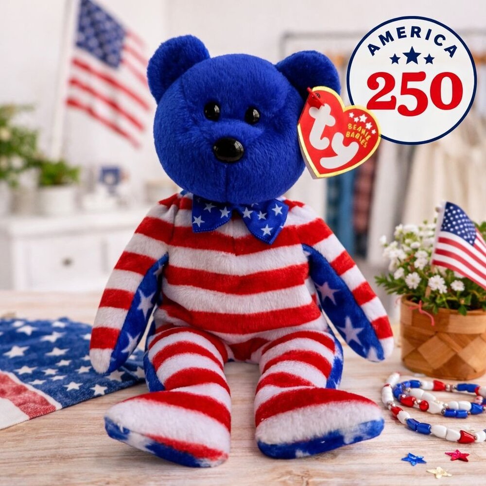 Liberty Ty Beanie Baby Patriotic Plush VTG Blue Face America 250 Decor USA